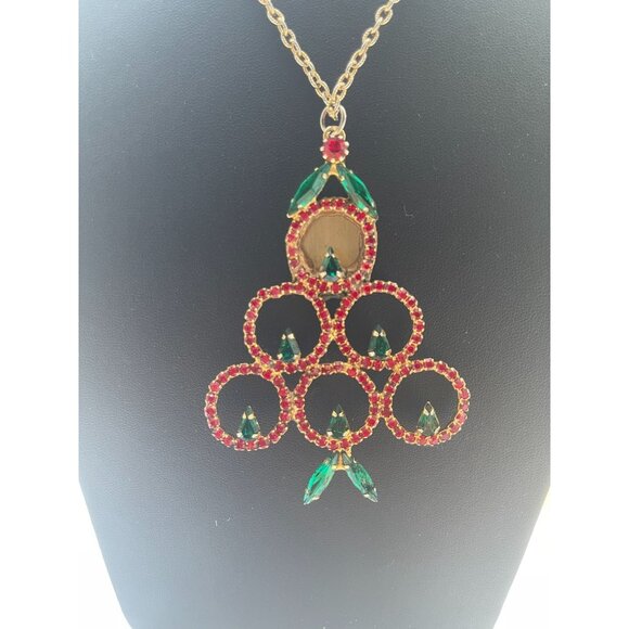Vintage Rhinestone Christmas Tree Pendant Necklace With Gold-Tone Chain & Red/Gr - Picture 11 of 16